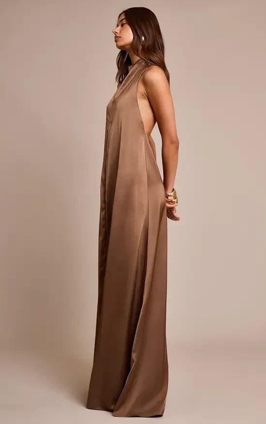 Elegant A-Line Halter Sleeveless Backless Chic Brown Maxi Evening Dresses Women
