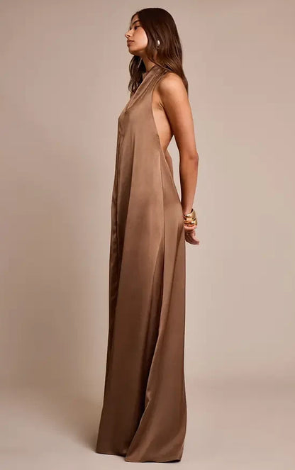 Elegant A-Line Halter Sleeveless Backless Chic Brown Maxi Evening Dresses Women