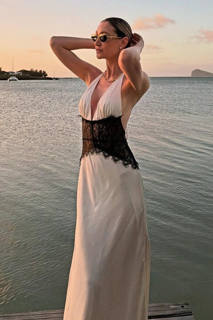 Elegant A-Line Halter Sleeveless Backless Contrast White Maxi Prom Dresses Women