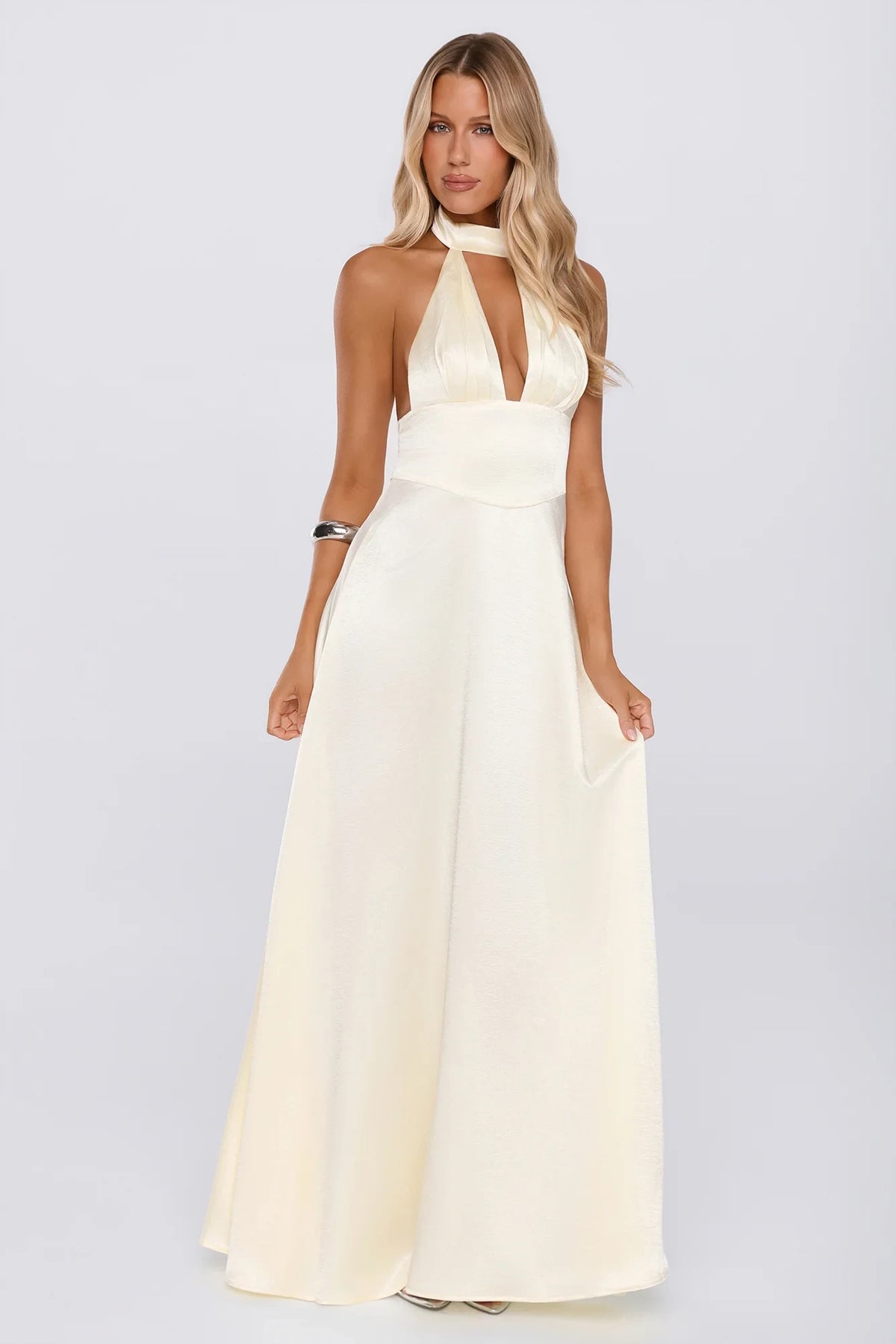 Elegant A-Line Halter Sleeveless Backless Cream Floor-Length Prom Dresses Women's Gown