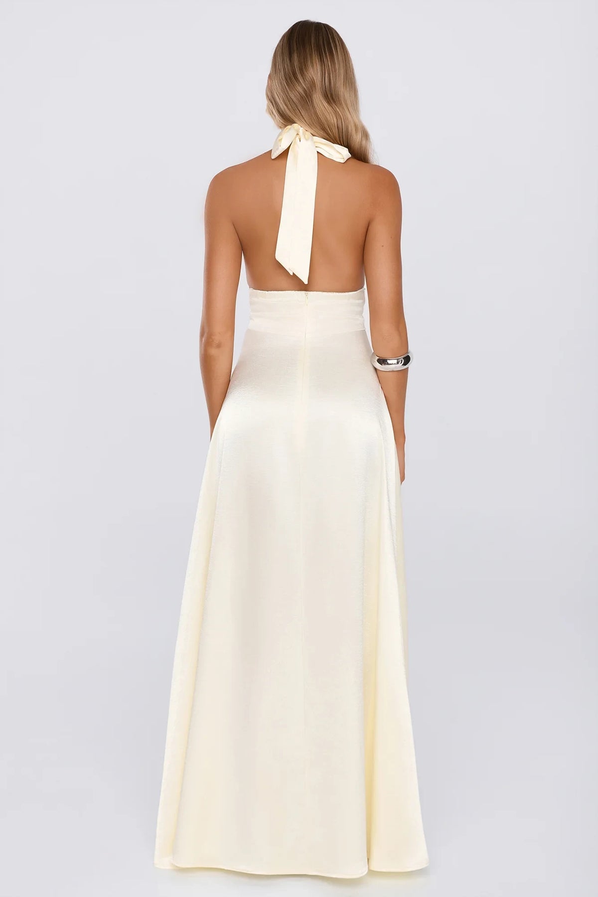 Elegant A-Line Halter Sleeveless Backless Cream Floor-Length Prom Dresses Women's Gown