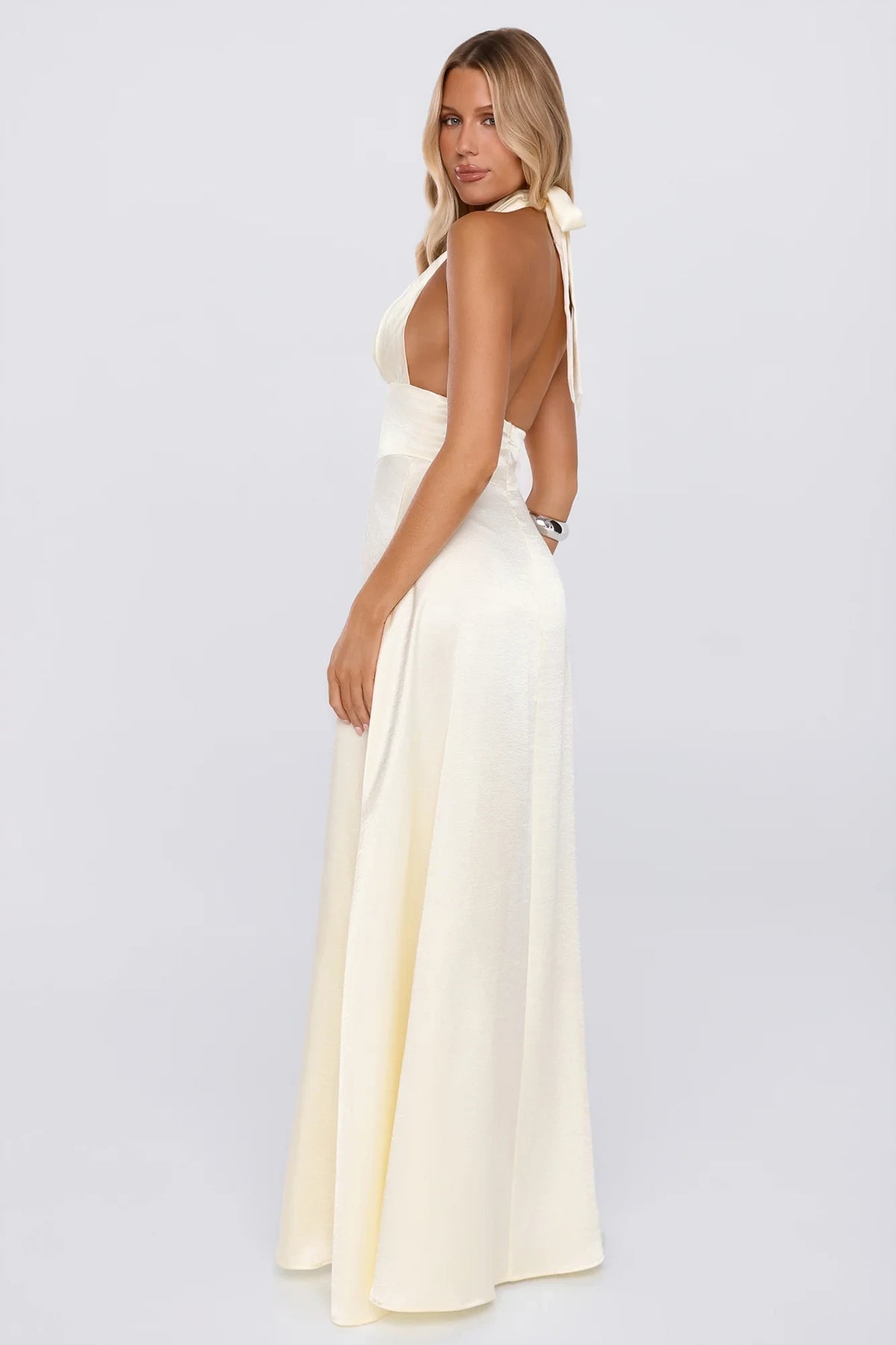 Elegant A-Line Halter Sleeveless Backless Cream Floor-Length Prom Dresses Women's Gown