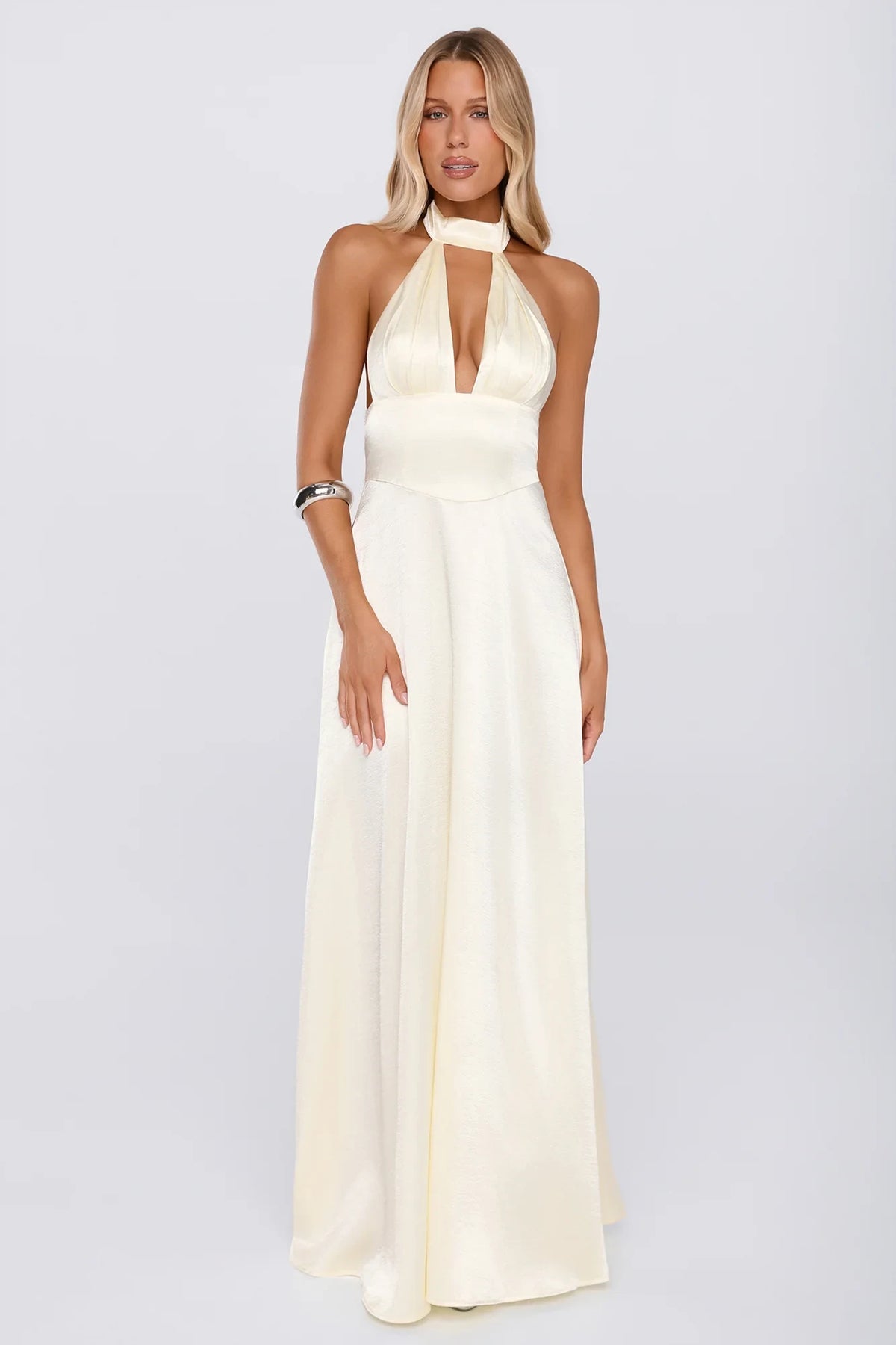 Elegant A-Line Halter Sleeveless Backless Cream Floor-Length Prom Dresses Women's Gown