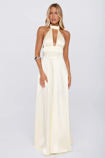 Elegant A-Line Halter Sleeveless Backless Cream Floor-Length Prom Dresses Women's Gown