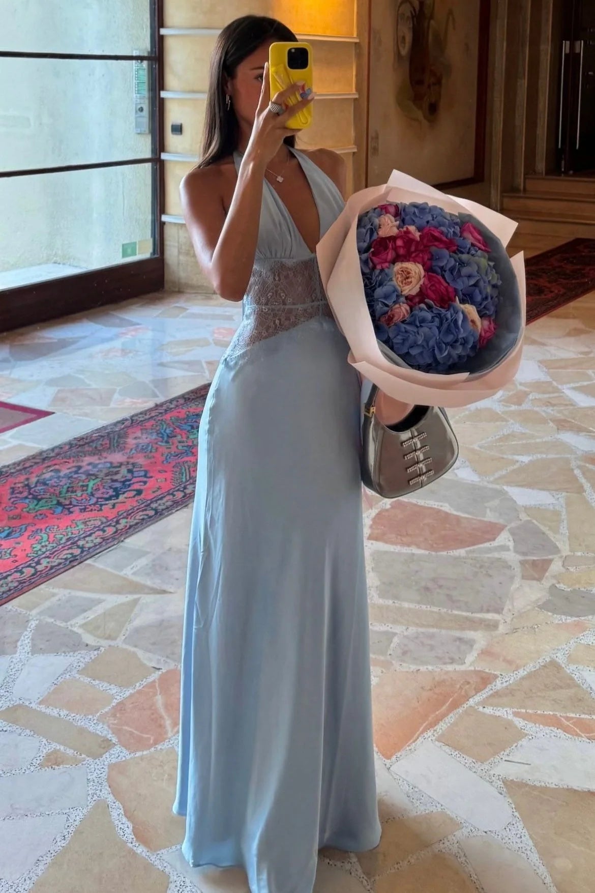 Elegant A-Line Halter Sleeveless Backless Lace Blue Long Prom Dresses Gown
