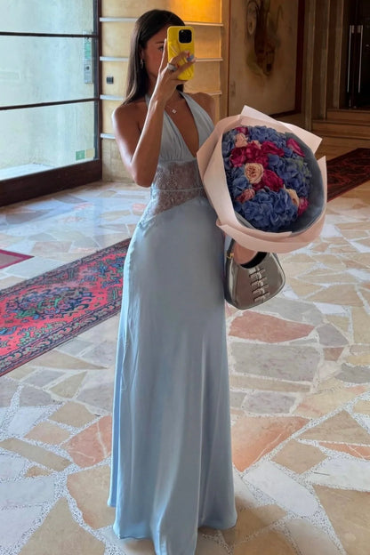 Elegant A-Line Halter Sleeveless Backless Lace Blue Long Prom Dresses Gown