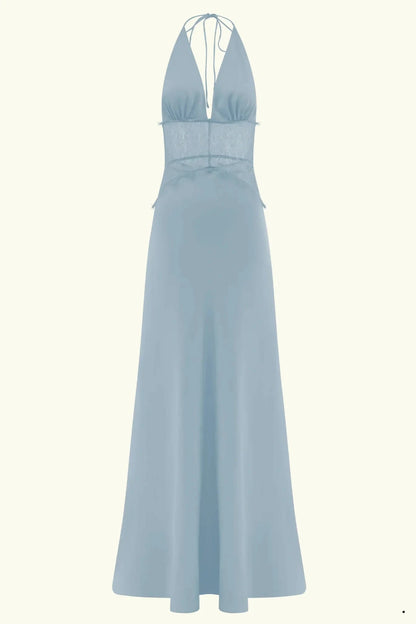 Elegant A-Line Halter Sleeveless Backless Lace Blue Long Prom Dresses Gown