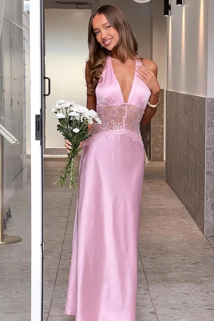 Elegant A-Line Halter Sleeveless Backless Lace Pink Maxi Prom Dresses Women Gown