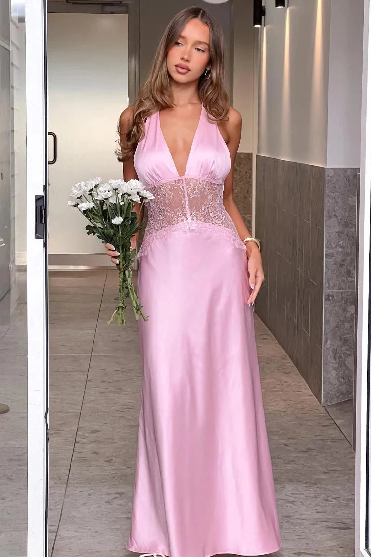 Elegant A-Line Halter Sleeveless Backless Lace Pink Maxi Prom Dresses Women Gown
