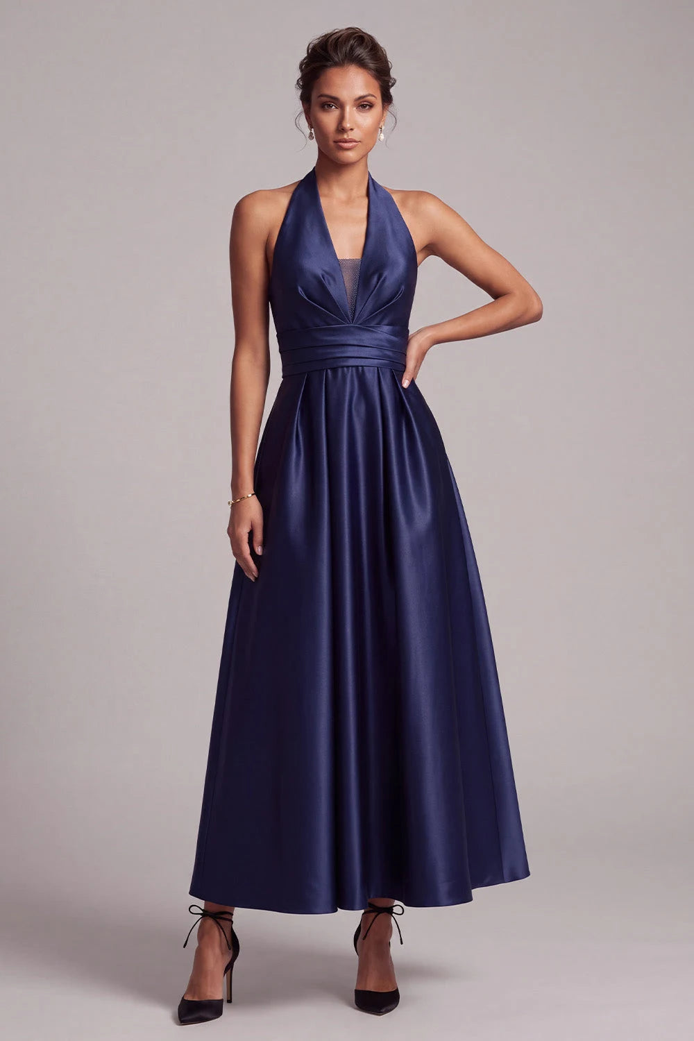 Elegant A-Line Halter Sleeveless Backless Navy Blue Midi Prom Dress