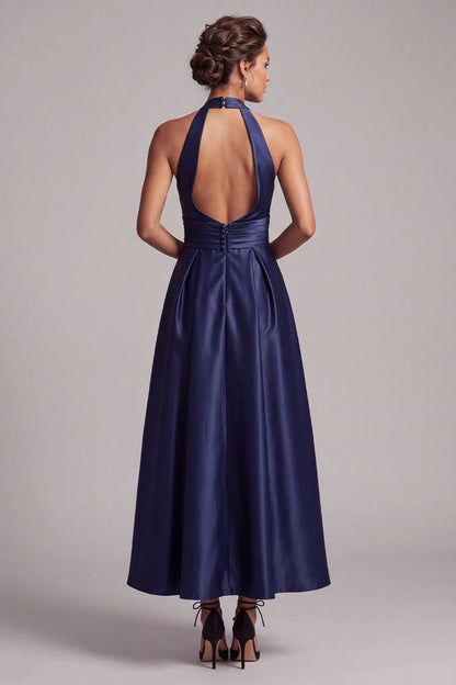 Elegant A-Line Halter Sleeveless Backless Navy Blue Midi Prom Dress
