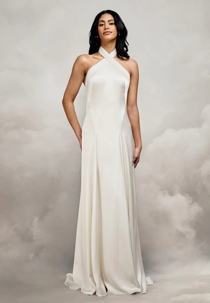 Elegant A-Line Halter Sleeveless Backless Ruched Ivory Maxi Wedding Dresses Bridal
