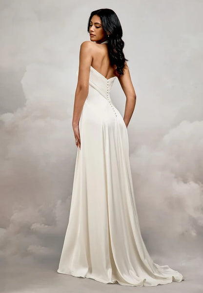 Elegant A-Line Halter Sleeveless Backless Ruched Ivory Maxi Wedding Dresses Bridal