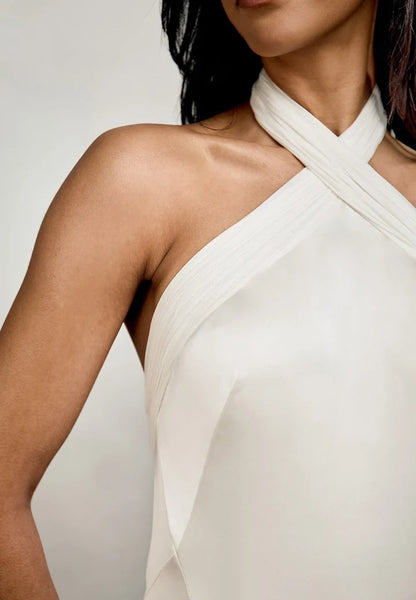 Elegant A-Line Halter Sleeveless Backless Ruched Ivory Maxi Wedding Dresses Bridal