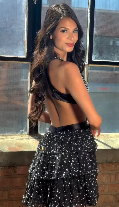 Elegant A-Line Halter Sleeveless Beaded Bow Black Short Homecoming Dress Women's
