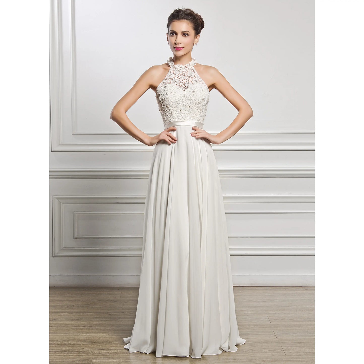 Elegant A-Line Halter Sleeveless Beaded Flowy Ivory Floor-Length Wedding Dress for Brides