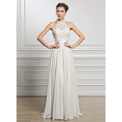 Elegant A-Line Halter Sleeveless Beaded Flowy Ivory Floor-Length Wedding Dress for Brides