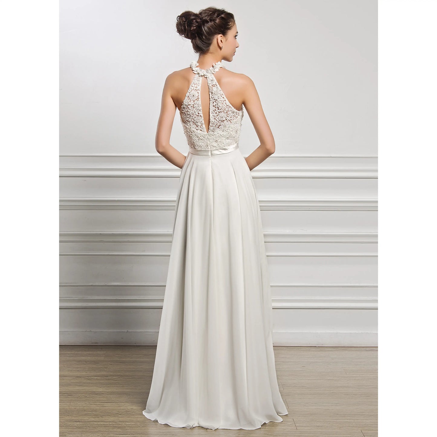 Elegant A-Line Halter Sleeveless Beaded Flowy Ivory Floor-Length Wedding Dress for Brides