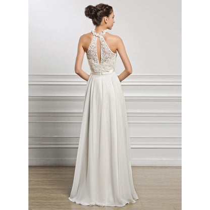 Elegant A-Line Halter Sleeveless Beaded Flowy Ivory Floor-Length Wedding Dress for Brides