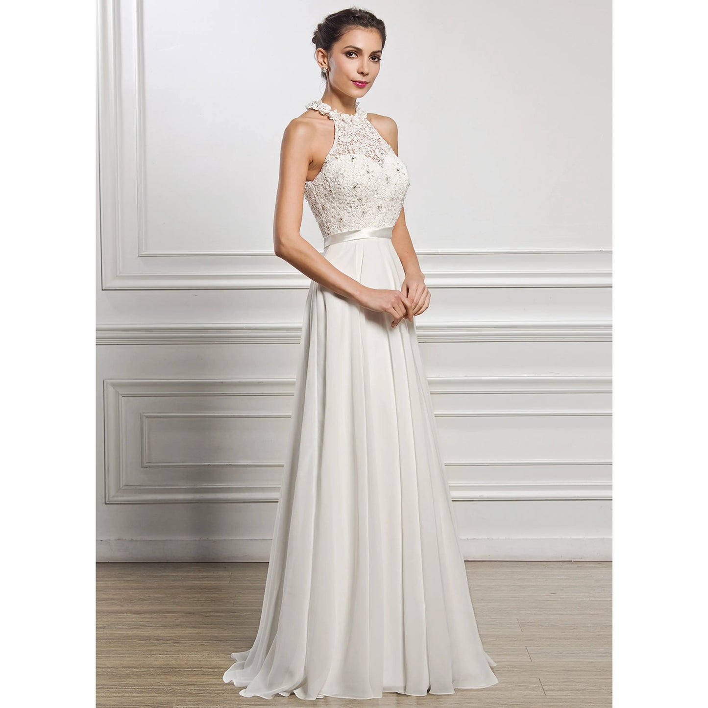 Elegant A-Line Halter Sleeveless Beaded Flowy Ivory Floor-Length Wedding Dress for Brides