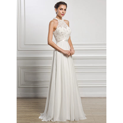 Elegant A-Line Halter Sleeveless Beaded Flowy Ivory Floor-Length Wedding Dress for Brides