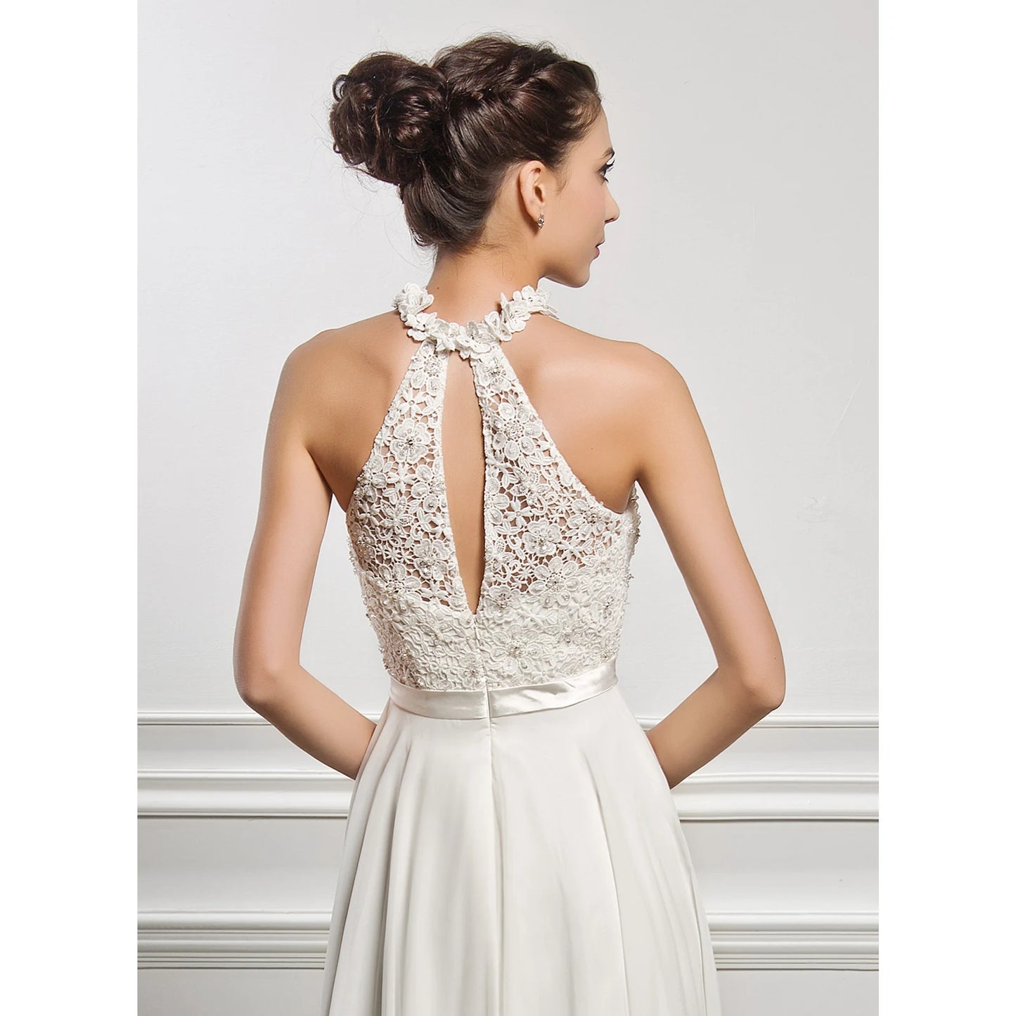 Elegant A-Line Halter Sleeveless Beaded Flowy Ivory Floor-Length Wedding Dress for Brides