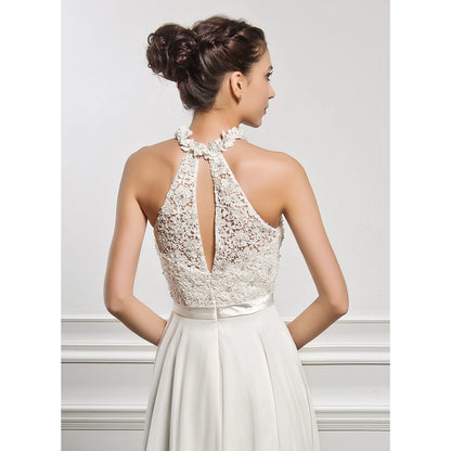 Elegant A-Line Halter Sleeveless Beaded Flowy Ivory Floor-Length Wedding Dress for Brides