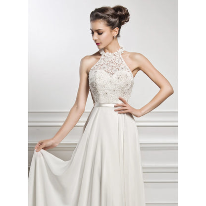 Elegant A-Line Halter Sleeveless Beaded Flowy Ivory Floor-Length Wedding Dress for Brides