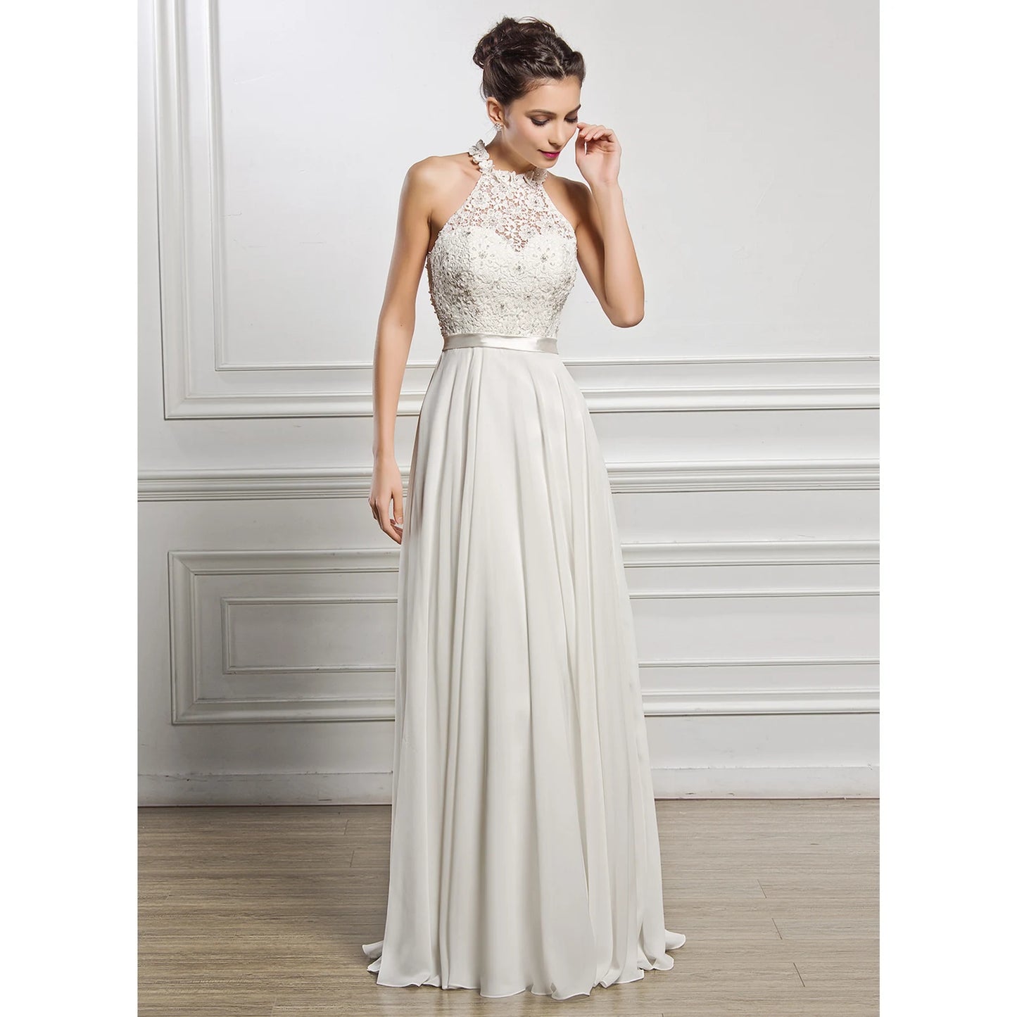 Elegant A-Line Halter Sleeveless Beaded Flowy Ivory Floor-Length Wedding Dress for Brides