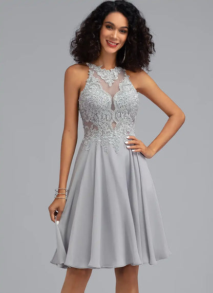 Elegant A-Line Halter Sleeveless Beaded Lace Grey Short Homecoming Dress