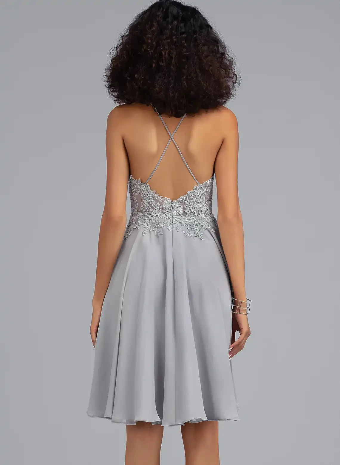 Elegant A-Line Halter Sleeveless Beaded Lace Grey Short Homecoming Dress