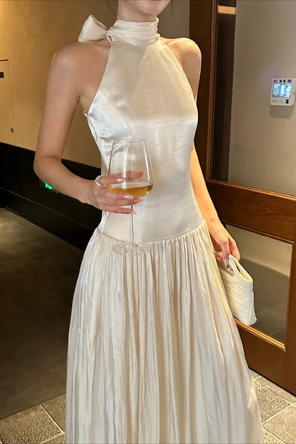 Elegant A-Line Halter Sleeveless Bow-Tie Ivory Floor-Length Prom Gown