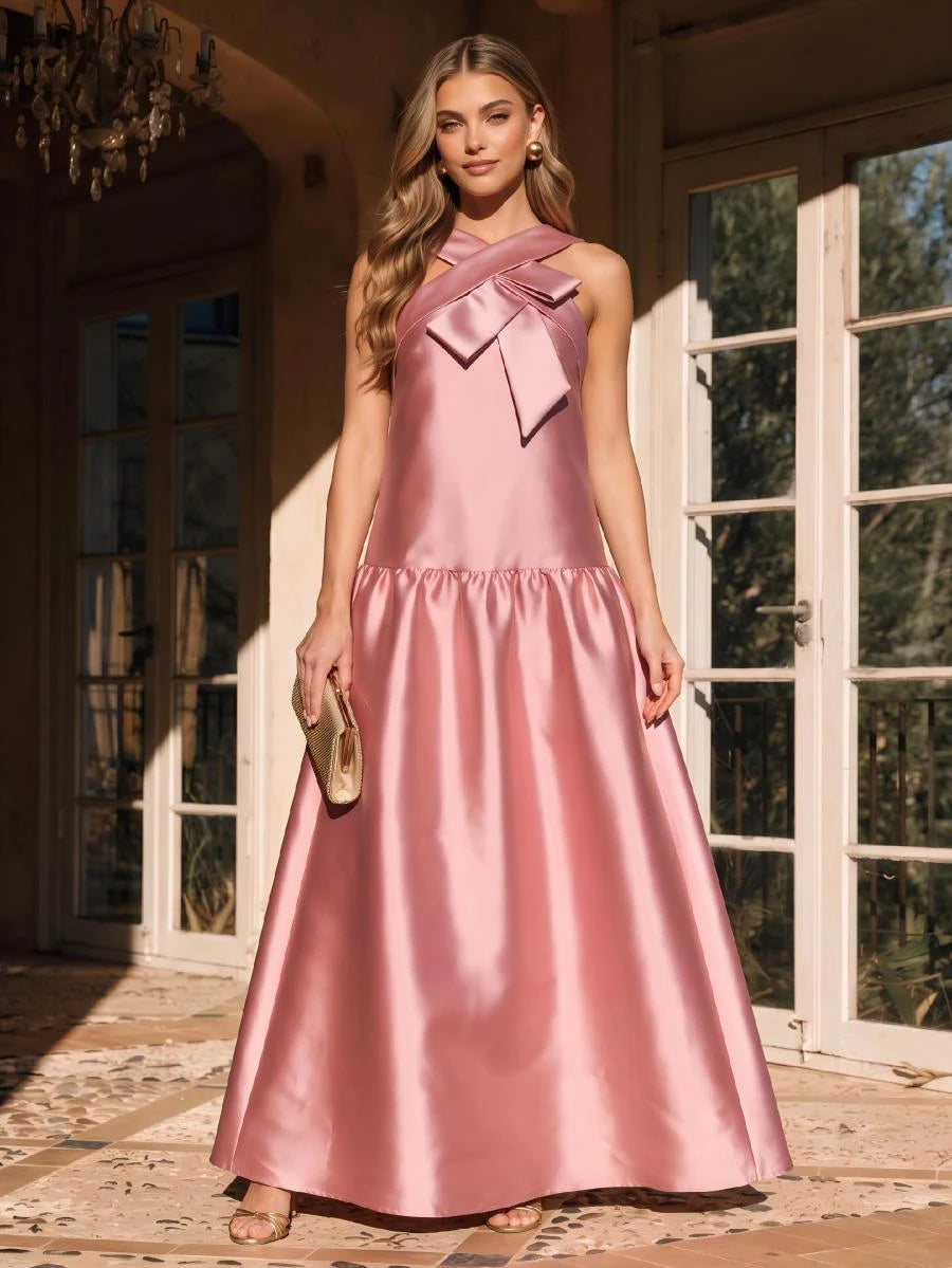 Elegant A-Line Halter Sleeveless Bow Backless Pink Maxi Prom Dresses Women