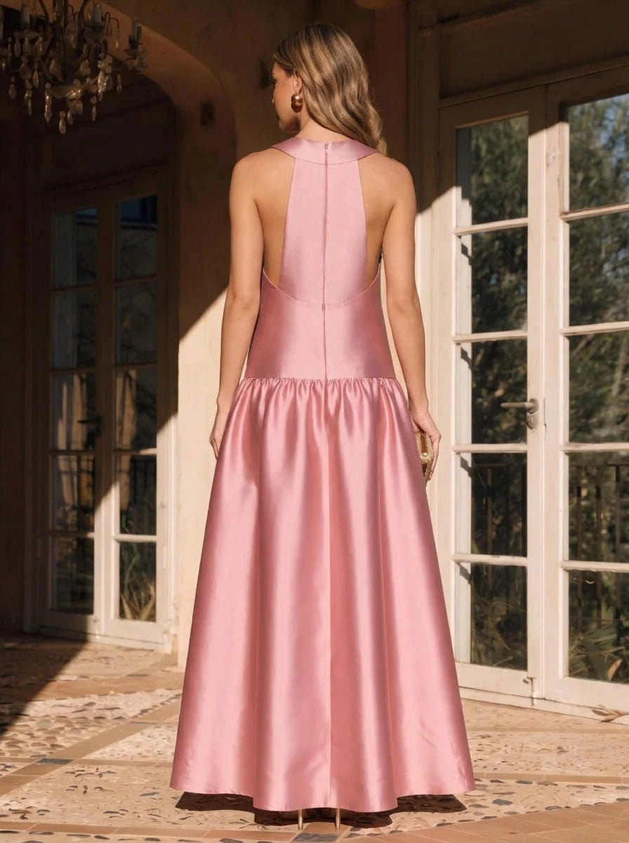 Elegant A-Line Halter Sleeveless Bow Backless Pink Maxi Prom Dresses Women