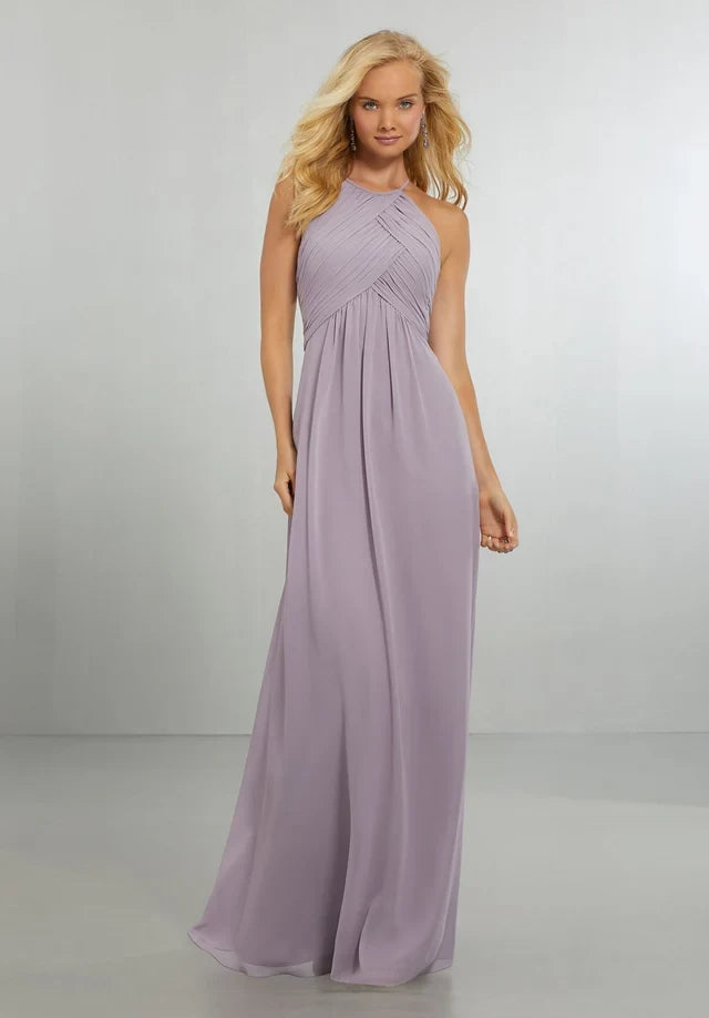Elegant A-Line Halter Sleeveless Crisscross-Pleated Lilac Maxi Bridesmaid Dress Women's Gown