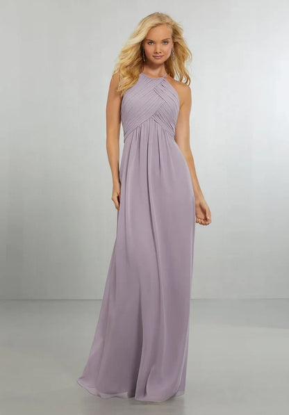 Elegant A-Line Halter Sleeveless Crisscross-Pleated Lilac Maxi Bridesmaid Dress Women's Gown