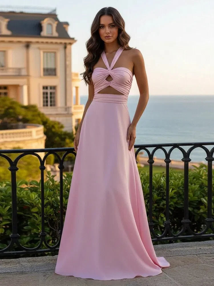 Elegant A-Line Halter Sleeveless Cutout Pink Floor-Length Prom Gown