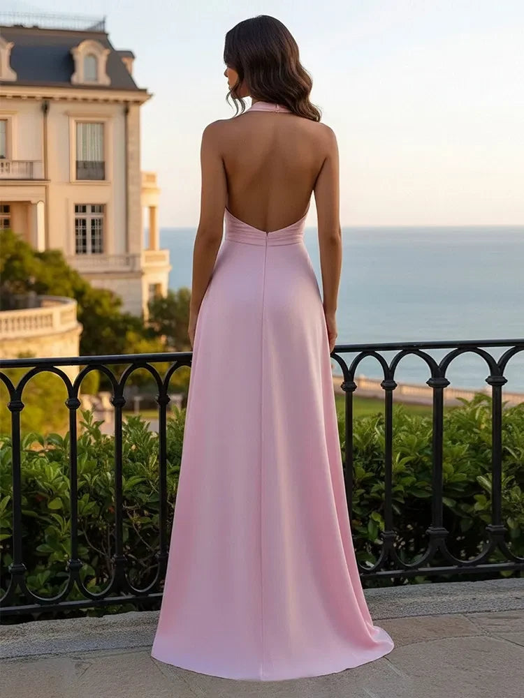 Elegant A-Line Halter Sleeveless Cutout Pink Floor-Length Prom Gown