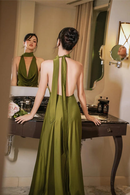Elegant A-Line Halter Sleeveless Draped Backless Olive Green Maxi Prom Dress Women