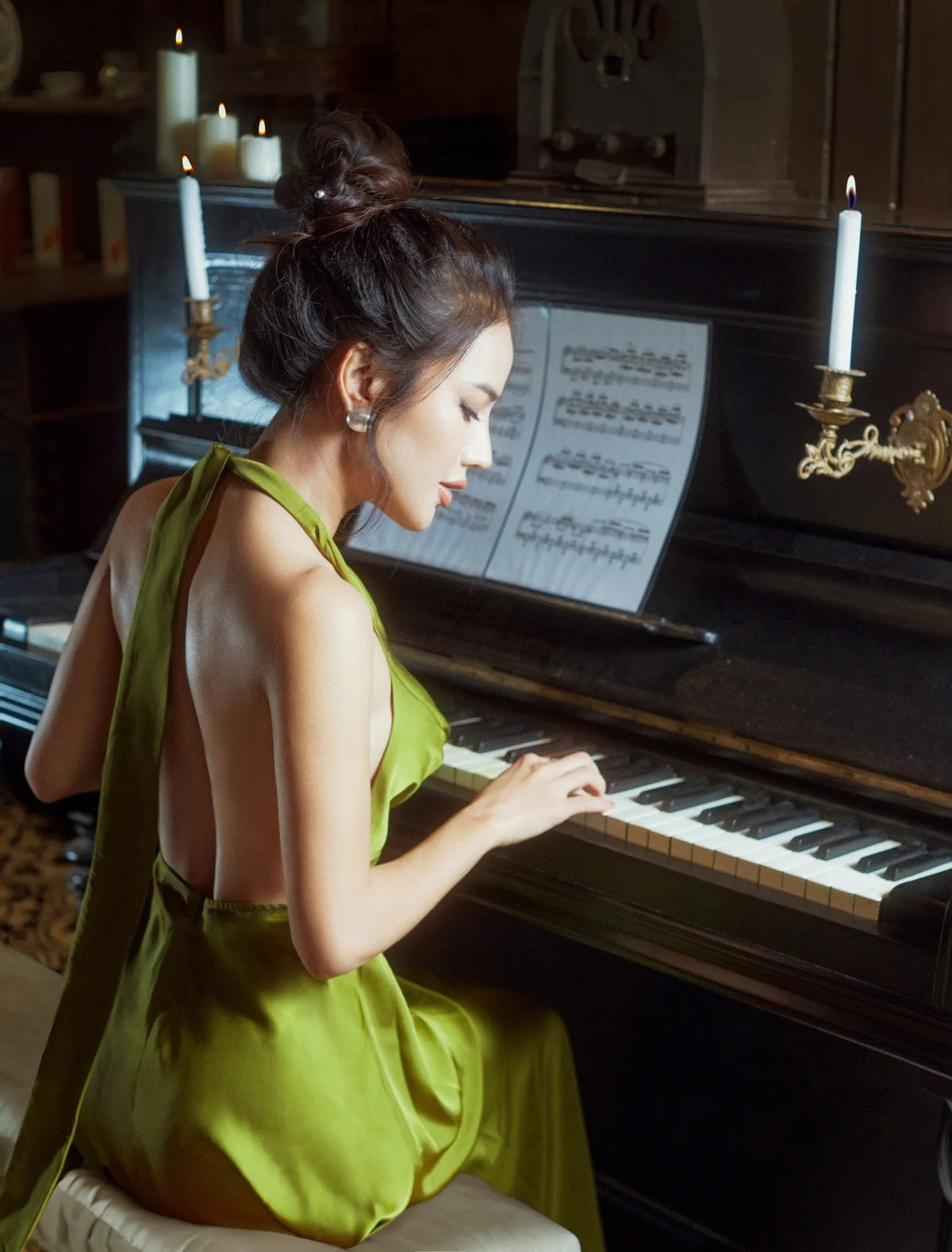 Elegant A-Line Halter Sleeveless Draped Backless Olive Green Maxi Prom Dress Women