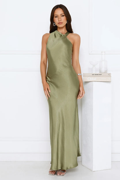 Elegant A-Line Halter Sleeveless Draped Chic Sage Green Floor-Length Prom Dresses for Women