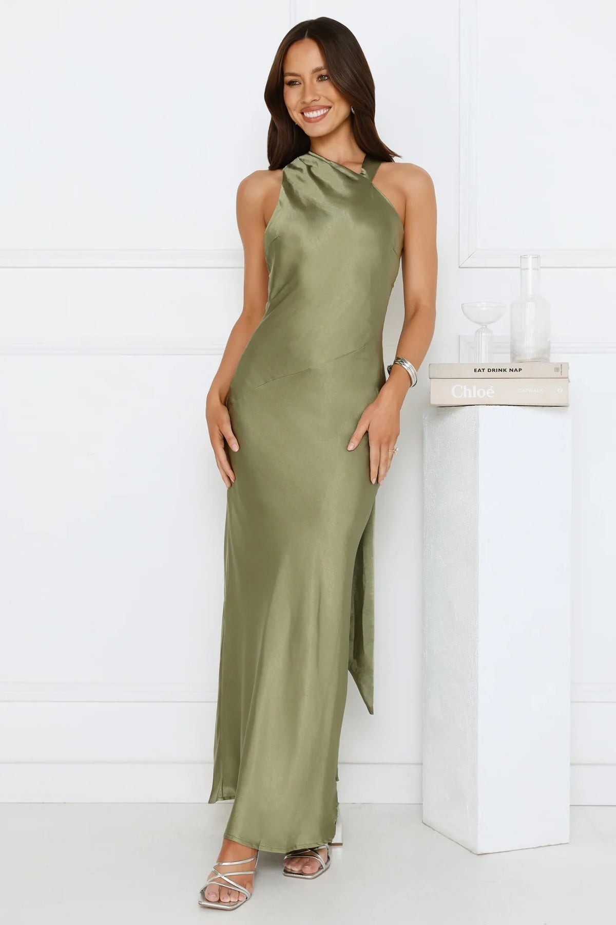 Elegant A-Line Halter Sleeveless Draped Chic Sage Green Floor-Length Prom Dresses for Women