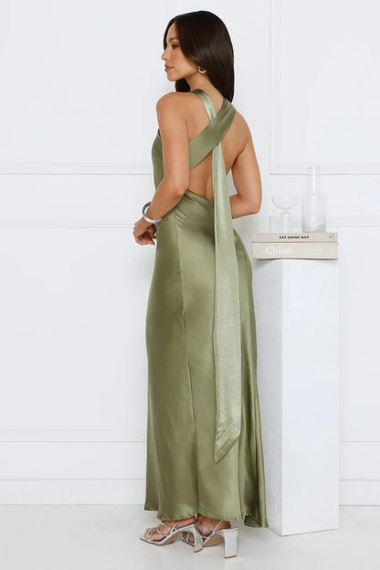 Elegant A-Line Halter Sleeveless Draped Chic Sage Green Floor-Length Prom Dresses for Women