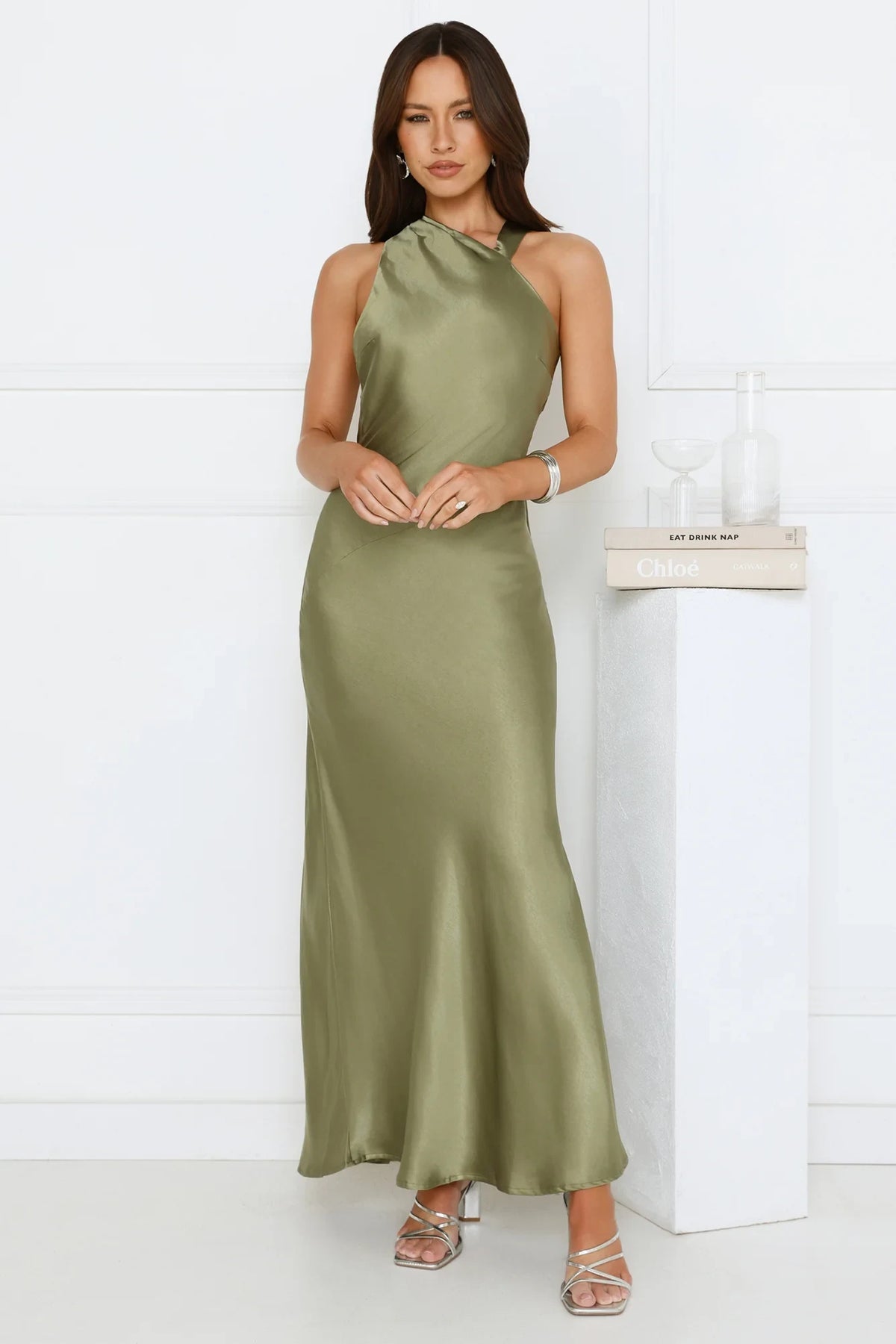 Elegant A-Line Halter Sleeveless Draped Chic Sage Green Floor-Length Prom Dresses for Women