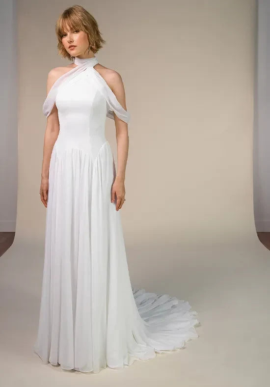 Elegant A-Line Halter Sleeveless Draped Chiffon White Floor-Length Wedding Dresses For Women Gown