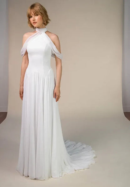 Elegant A-Line Halter Sleeveless Draped Chiffon White Floor-Length Wedding Dresses For Women Gown