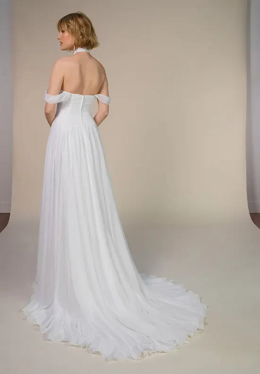 Elegant A-Line Halter Sleeveless Draped Chiffon White Floor-Length Wedding Dresses For Women Gown