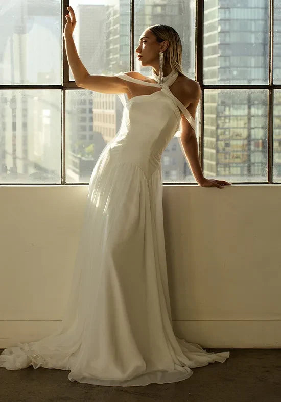 Elegant A-Line Halter Sleeveless Draped Chiffon White Floor-Length Wedding Dresses For Women Gown