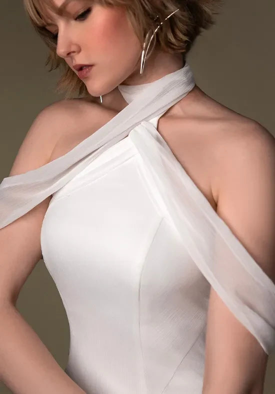 Elegant A-Line Halter Sleeveless Draped Chiffon White Floor-Length Wedding Dresses For Women Gown