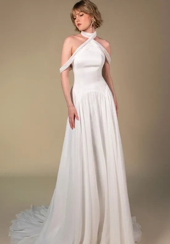 Elegant A-Line Halter Sleeveless Draped Chiffon White Floor-Length Wedding Dresses For Women Gown